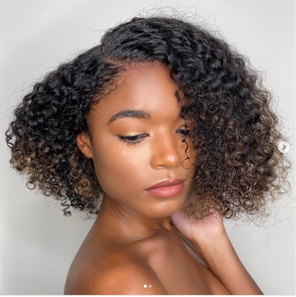 Curly Hair Side Swept Blunt Bob Hairstyle Black women