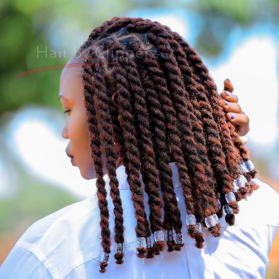 Brown Short Marley Twists With Beads